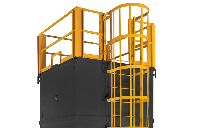 Surge bin with ladder and guardrail