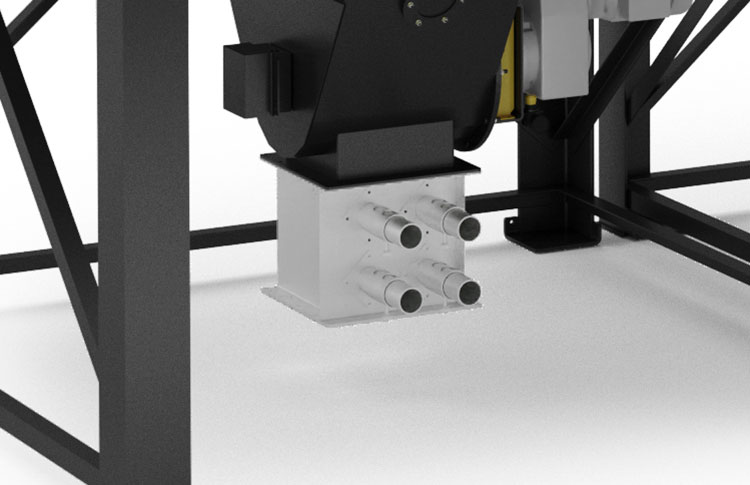 Bulk material surge bin with vacuum takeaway interface distribution box and probes